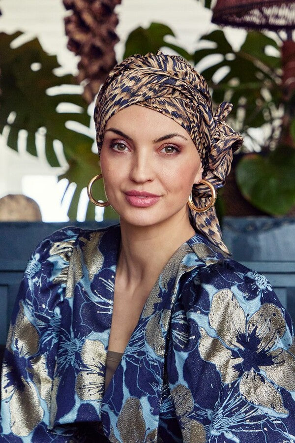 Juvela - Turbante con fascia rimovibile in poliestere/viscosa - fantasia Waves of blue 3042-4054